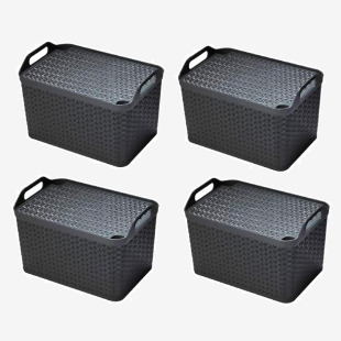 This photograph features a small, charcoal grey storage basket with a lid, made by Strata Products Ltd. The basket is handy and perfect for organizing small items. NWT5428 is the product code.