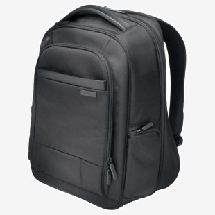 The photograph features a sleek, black ACCO Brands Computer Backpack from the Kensington K60382EU Contour 2.0 collection. The backpack is designed for business use and has a dedicated compartment for a 15.6-inch laptop. The overall design is modern and professional, perfect for the working individual.