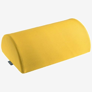 This photograph features a collection of ACCO Brands footrests and back supports, including the Leitz Ergo Cosy desk foot rest in a warm yellow color (32684J). The foot rest appears ergonomic and comfortable, providing support for a persons feet while they work at their desk. The back supports can also be seen as part of this organized display. The overall image is sleek and professional, perfect for any office space.