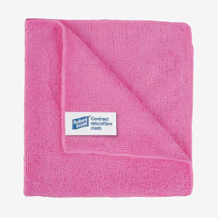The photograph captures a bundle of 10 pink microfiber cloths, each measuring 400 x 400mm. The texture of the cloth appears soft and fine, with small fibers visible on the surface. The color is a bright, vibrant pink.