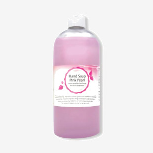 The photograph showcases a 750ml bottle of 2Work Pink Pearlised Luxury Foamy Hand Soap. The label reads 2Work Hand Wash and 2W07558, and the soap appears to have a pink tint. The bottle is full and the label is clean and legible.