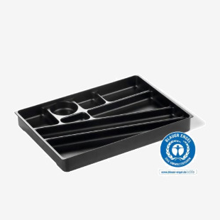The photo shows a grey Durable IDEALBOX stationery draw organizer, featuring multiple insert trays for efficient and tidy desk storage.
