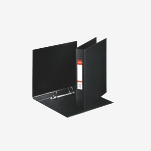 The photograph depicts a set of 10 ACCO Brands A5 ring binders from Esselte VIVIDA in a sleek black color. Made of polypropylene material, each binder features a 25mm thickness and a 2 round ring mechanism. The outer carton holds the binders securely, making for a neat and organized presentation.
