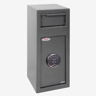 The Phoenix SS0992ED cash deposit safe features a sturdy electronic lock, providing secure storage for cashiers daily deposits. Its sleek design has a Phoenix Safes logo and a durable metal exterior, ideal for commercial use.