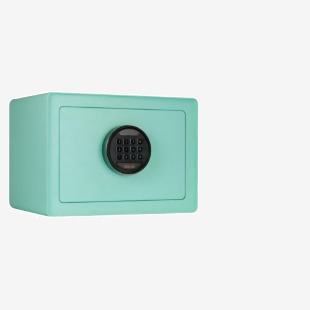 This photograph features a sleek mint-colored Phoenix Dream DREAM1M electronic lock safe. The safe is compact and designed for home use, with a modern electronic lock. The safe is durable and secure, ensuring protection for your valuables.