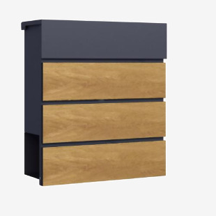 An elegant and modern photo of the Phoenix Estilo Top Loading Letter Box in Graphite Grey and Wood. The key lock adds security to this sleek design.