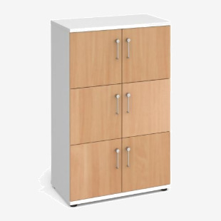 The picture shows a set of six wooden storage cupboards in a white finish, with doors made of beech wood. The cupboards have a modern design and each has six doors, providing ample storage space. The lockers are a perfect addition to any home or office, with a clean and sleek look.