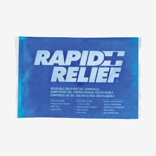 The photo shows a rectangular Rapid Relief Heat Pack, made of reusable gel, with a contoured shape and dimensions of 4 by 6. The pack can be used for hot or cold relief and is labeled as RA12246.
