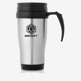 The picture features two Click Medical travel cups and a thermos, all in a gray color. The 400ml insulated mug has a CW Beeswift logo on it, while the thermos has CM1773 written on it. They are sitting on a table, with a blurred background suggesting a busy environment. The cups have ergonomic design with easy-to-click lids.