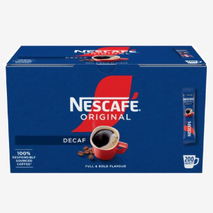 In the photo, Nescafe Decaf Coffee Nescafe Original Decaf Sticks 200s NWT065 is shown in its iconic red and white packaging. The sticks are neatly stacked, showcasing the instant decaf coffee granules inside. The bold Nescafe logo is prominently displayed, inviting coffee lovers to grab a cup of their favorite decaf brew.