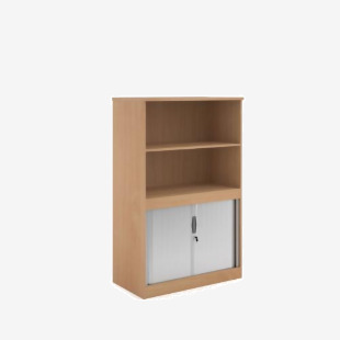 This combination unit features sleek tambour doors and an open top design. Standing at 1600mm high, it offers ample storage space with 2 shelves. The warm beech finish adds a touch of elegance to any space.