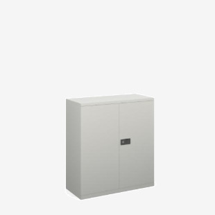 This image shows a Bisley steel cupboard in goose grey, measuring 1000mm in height. It features one shelf and is perfect for contract use. The clean lines and modern design make it a practical storage solution for any space. The steel construction ensures durability and strength.