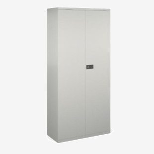 The photo shows a tall Bisley steel cupboard in a sleek goose grey color. It features 4 shelves and stands at a height of 1968mm. The sturdy steel material adds durability to this modern storage solution.