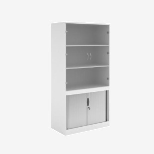 The Dams Cupboards Systems combination unit has a sleek, white design with tambour doors and glass upper doors. Standing at 2000mm high, it features 2 shelves for storage. A modern, functional addition to any space.