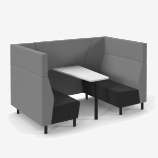 This photo features a modern and sleek Dams Furniture Packages Muse fabric booth, perfect for 4 people. The white table and black legs add a stylish touch, while the black seats and grey backs provide comfortable upholstery.