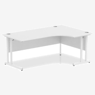 This picture shows a contemporary office space with a sleek and modern design. A white, 1800mm right crescent desk is featured with a white cantilever leg, providing ample workspace. The dynamic corner desks add a touch of style and functionality to any office environment.