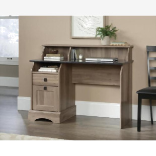 Teknik Office Farmhouse Desk with Salt Oak Finish and Rosso Slate accents two storage drawers and cubbyhole storage 5422811