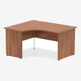 This photo features a dynamic corner desk, with a left crescent design and a walnut top panel. The end leg adds stability to the sleek and modern look of the desk.