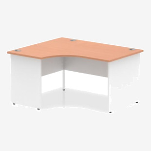 This image shows a 1400mm left crescent dynamic corner desk from Impulse office furniture. The desk has a beech top and white panel end leg, giving it a sleek and modern appearance. The curved design offers ample workspace while adding a touch of style to any office setting.