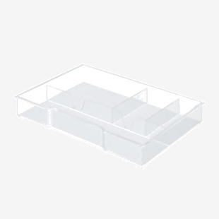This photograph shows a set of Leitz Drawer Organisers in transparent color. They are designed specifically for use in Leitz Plus and WOW Drawer Cabinets and come in a set of six. These organisers keep items neat and tidy in the drawers, making them easily accessible when needed.