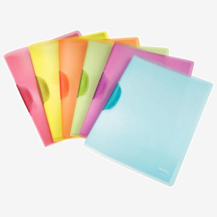 In the picture, there are six rectangular clip files arranged neatly in an outer carton. Each clip file is in A4 size and comes in a variety of vibrant colors. The clip files have the brand name ACCO Brands and Leitz Magic Color imprinted on them. They have a sleek, modern design and sturdy construction. The individual clip files are labeled with tabs and have a secure metal clip on top to hold papers in place. Overall, the picture shows a functional and visually appealing set of clip files that would be useful for organizing and storing documents.