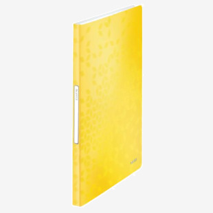 This picture displays a yellow Leitz WOW Display Book made of polypropylene. It has 40 pockets and can hold 80 sheets in A4 size.