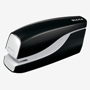 The picture shows a sleek, black Leitz WOW NeXXt electric stapler from the brand Leitz. It is equipped with a top-loading tray for staples and has a compact, modern design. The brand logo is visible near the power button on the side of the stapler.
