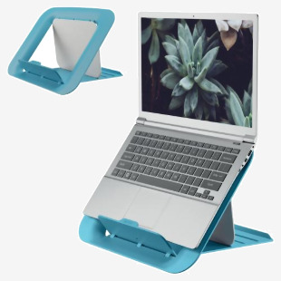 In the photo, there is a Leitz Adjustable Laptop Stand in the color calm blue. The stand is designed for desktop or tabletop use and has four different height options. It is part of the Ergo Cosy Range and has a compact design.