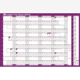 Sasco 202526 Academic Year Wall Planner with wet wipe pen & sticker pack, Purple, Board Mounted, 915mmW x 610mmH - Outer Carton of 10 2410250