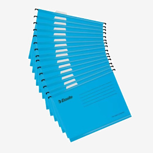 The photograph shows a pack of 15 Esselte Classic A4 suspension files in a vibrant shade of blue. The files, made by ACCO Brands, are designed for suspension filing, with a sturdy construction and convenient tab design for easy organization. The front of the pack displays the brand and product name in bold lettering, while the files inside are neatly stacked and easily visible through the clear packaging. Each file has a label area for easy identification, making it a practical and efficient choice for any filing system.