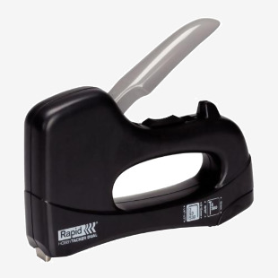 The Rapid Tackers Rapid Hobbytacker Dual 23601201 is a compact, handheld stapler with a sleek metal finish. It features a handy grip for easy handling and a durable spring mechanism for efficient stapling. The open design allows for visible placement of staples, making refills quick and simple.