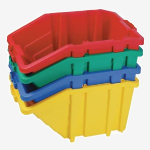 The image shows large storage containers from Slingsby. Each bin has a hinged lid and is sold individually. There are four colour options available. These bins are perfect for organizing and storing items in any space.