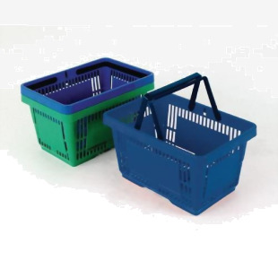 The picture shows a pack of 12 blue plastic shopping baskets from Slingsby, along with trolleys. The baskets are durable and perfect for carrying groceries or other items. They have a sleek design and are easy to carry. The trolleys are sturdy and can hold multiple baskets for convenient transport.