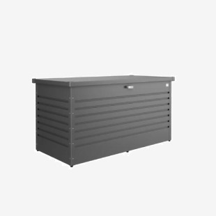 The photograph captures a sleek and sturdy steel storage box from Slingsby Outdoor, perfect for keeping your outdoor space organized. It features a weather-resistant design with ample storage space for various items. The clean lines and modern look make it an attractive addition to any backyard or patio.
