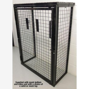 In the picture, we see several large metal cages, each filled with air conditioning units. The cages are labeled with the brand Slingsby Air Conditioning and are arranged neatly in rows. The units have silver exteriors and are securely locked inside the cages. The room appears well-ventilated and organized, with plenty of space between the cages for maintenance access.