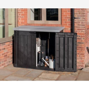 The photograph captures a slingsby Outdoor Storage Hideaway box of large size, perfect for storing all your outdoor essentials. With a capacity of 1200 litres, this box is spacious and sturdy. Its sleek design complements any outdoor decor, making it a practical and aesthetic addition to your space.