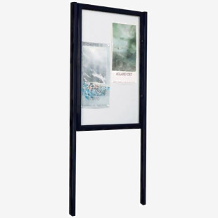In the photo, a large freestanding outdoor noticeboard stands tall with the word Slingsby on top. It has a sturdy metal frame and a clear glass case displaying various notices and posters. The surrounding area is green and well-maintained, suggesting a park or school setting. The noticeboard is weatherproof and includes a lock for secure display.