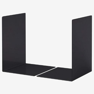 Two sturdy black metal bookends, each with a sleek and modern design. The heavy duty build ensures durability and can support large and heavy books. Perfect for organizing and displaying books on shelves.