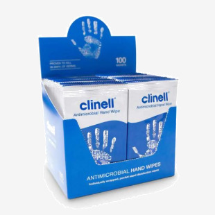 The picture shows a box of Clinell Antibacterial Hand Wipes, specifically the clinically-tested CM1903 model. The wipes are individually wrapped and come in a box of 100. The packaging features the Clinell brand name and logo.