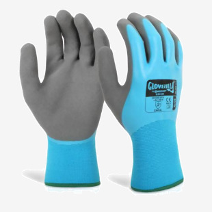 The image showcases ten pairs of blue Glovezilla thermal gloves by Beeswift. The gloves are made of latex and feature a water-resistant coating, making them suitable for various tasks. They are in size large and come in a pack of 10.