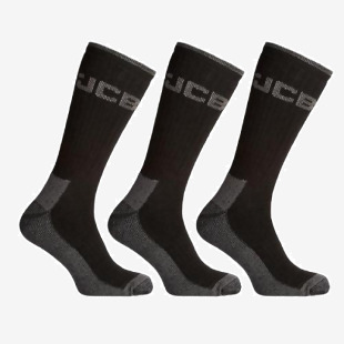 The photograph features a pack of three black JCB heavy duty work socks in sizes 6-11. These JCB socks are designed for durability and feature the iconic JCB logo on the side. Made for long days on the job, these socks provide comfort and protection for hardworking feet.
