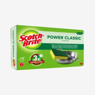 The picture shows a pack of Scotch-Brite sponges, with the brand name clearly visible. The sponges are the Classic Scrub Sponge variety, and their vibrant yellow color stands out against the white background. The sponges have a rectangular shape with a textured surface for effective scrubbing.