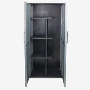 The GPC Industries Ltd Cupboards Utility Cupboard is a sleek and modern piece in a two-tone grey finish. It features two doors and three half-shelves, providing plenty of storage space. The clean lines and minimalist design make it a versatile addition to any room.