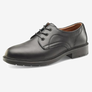 The photograph shows a pair of sleek black Beeswift Managers Shoes, size 6.5. The shoes have a professional and stylish design with a slip-resistant sole. Perfect for any managerial position.