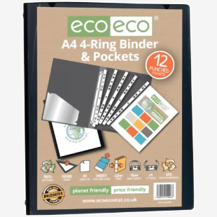The eco-eco presentation binders are made from 65% recycled materials and feature a sturdy A4 ring binder with 12 multi-punched pockets. The cover is designed with the eco-eco logo and has a sleek and professional look. The binder is ideal for organizing documents and presentations while also being environmentally friendly. The pockets allow for easy customization and organization of papers. Perfect for office or school use.