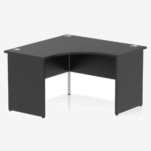 The image shows a sleek and modern 1200mm corner office desk, with a black top panel and end leg, from the Impulse line. The dynamic design creates a functional and stylish workspace for any office.