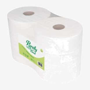 The picture shows 6 white and black jumbo toilet rolls with the label Purely Kind and 2ply on them. Each roll has a length of 350m. The packaging is labeled with the brand name Blake & White and product code PK1140.