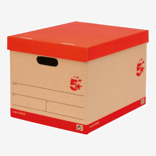 The picture shows 10 5 Star office storage boxes with lids, measuring 321x392x291mm. The boxes are self-assembly, made of Kraft material and have a red/brown color. The boxes are labeled as Archive Storage Boxes and are rated 5 stars.