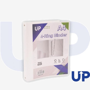 The UP Presentation Binders UP A4 Presentation Binder 4 Ring 40mm - White is a pack of 10 classic white binders, measuring 40mm in width, with 4 rings to securely hold A4 sized documents in place. The binders have a professional and polished appearance, perfect for organizing important documents in any setting.