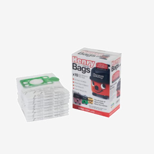 The photo shows a pack of 10 Numatic vacuum cleaner bags designed specifically for Henry vacuum cleaners. The bags are neatly stacked and each bag has a label with the brand and model number. The packaging also includes a picture of the Henry vacuum cleaner.